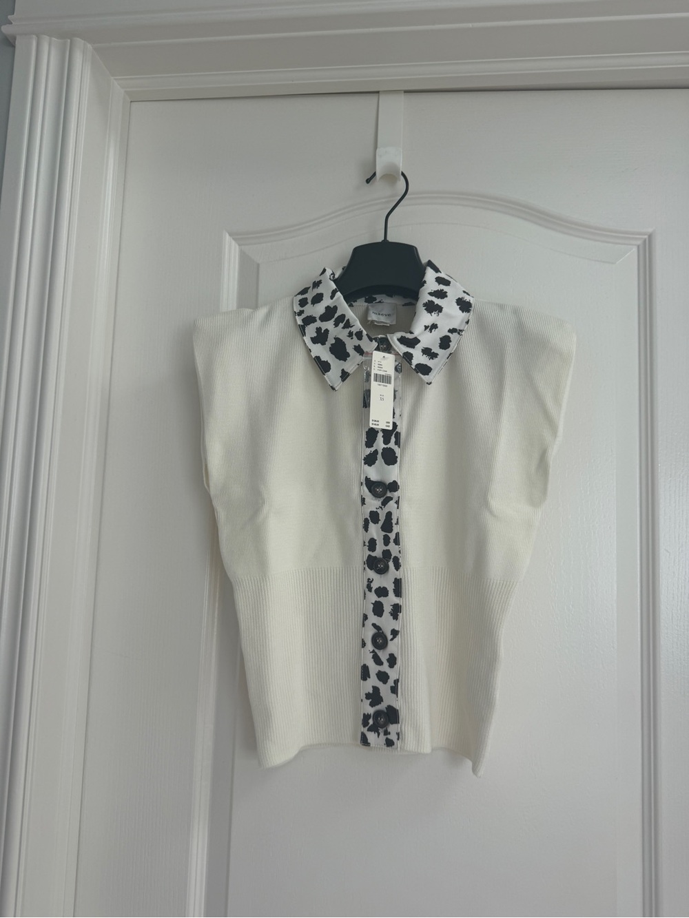 Anthropologie Cream Knit with Black Leopard-Print Trim - Maeve Vest/Top